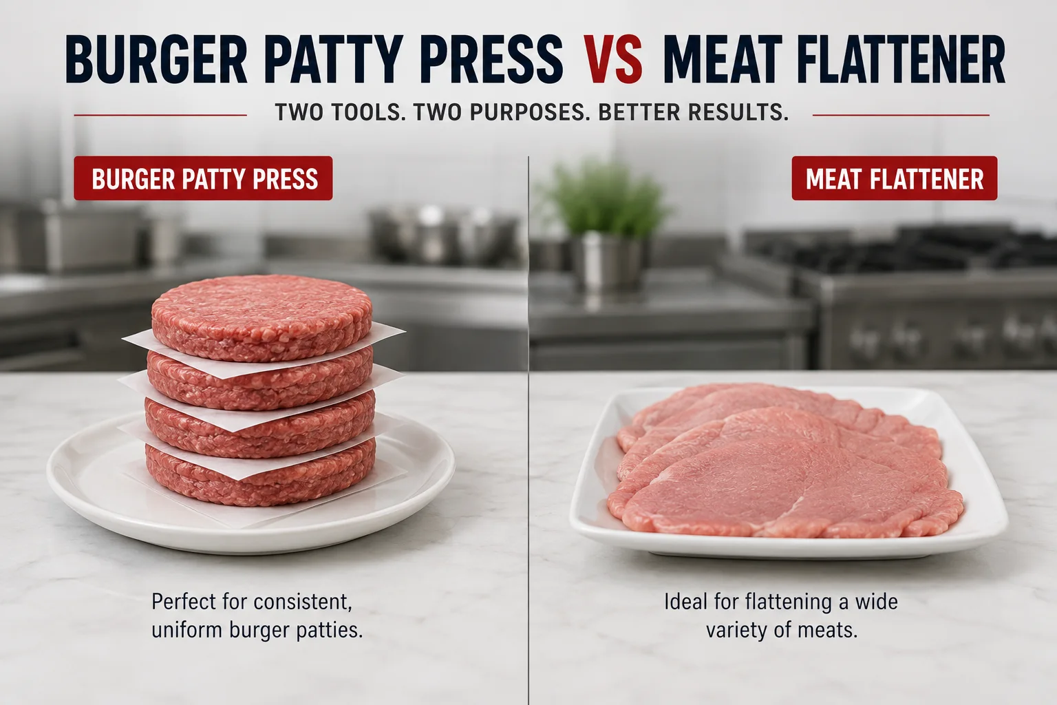 Burger patty press versus meat flattener finished-product comparison